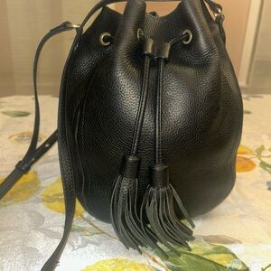 J. Crew Classic Black Leather Drawstring Bucket Bag with Tassels